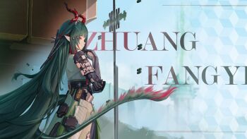 1girl arknights arknights:_endfield backless_dress backless_outfit black_gloves black_sleeves black_tail blunt_bangs braid character_name commentary detached_sleeves dragon_girl dragon_horns dragon_tail dress eastern_dragon_horns eastern_dragon_tail english_commentary from_side fur-tipped_tail gloves gradient_hair green_eyes green_hair half_up_braid half_updo hand_up haonfest highres horns jewelry light_smile long_hair long_sidelocks multicolored_hair multiple_rings pointy_ears red_hair red_horns ring sidelocks sideways_glance solo tail very_long_hair white_dress zhuang_fangyi_(arknights)