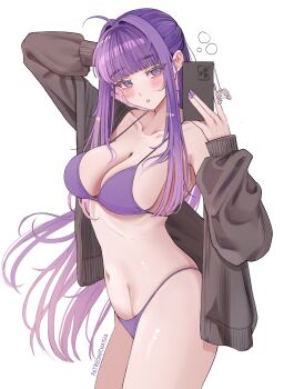 1girl absurdres arm_behind_head bikini blush breasts cellphone chaisia_art cleavage fern_(sousou_no_frieren) highres holding holding_phone jacket large_breasts long_hair phone purple_eyes purple_hair selfie simple_background solo sousou_no_frieren swimsuit