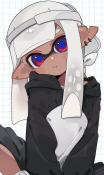 Rule 34 | 1girl, backwards hat, black hoodie, blue pupils, closed mouth, dark-skinned female, dark skin, ear piercing, grey hair, grid background, hat, highres, hood, hoodie, inkling, inkling girl, inkling player character, long hair, looking at viewer, mole, mole under eye, nintendo, piercing, pointy ears, red eyes, sabata saba, simple background, sitting, solo, splatoon (series), splatoon 3, tentacle hair, visor cap, white background