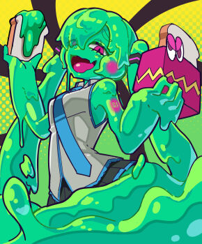 akrun black_skirt blue_necktie blue_trim bread bread_slice colored_skin colorful_background deroderoderode_(vocaloid) fang food glowing glowing_headgear glowing_tattoo gradient_background green_background green_skin grey_shirt hair_over_one_eye hatsune_miku headphones highres holding holding_food long_hair melting miniskirt monster_girl monsterification necktie number_tattoo open_mouth pink_eyes polka_dot polka_dot_background raised_inner_eyebrows shirt skin_fang skirt sleeveless sleeveless_shirt slime_(substance) slime_girl slime_hair slime_on_food smile smug spiral_background tattoo toast toaster twintails very_long_hair vocaloid yellow_background