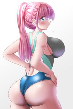 1girl aqua_eyes ass back bare_back bare_shoulders blue_eyes blush bokutachi_wa_benkyou_ga_dekinai braid breasts butt_crack competition_swimsuit groin gu~derenko hands_on_own_hips highleg highleg_one-piece_swimsuit highres kirisu_mafuyu large_breasts long_hair looking_back one-piece_swimsuit pink_hair ponytail sideboob spread_ass swimsuit thighs
