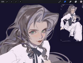 aerith_gainsborough alternate_costume art_program_in_frame black_ribbon blue_background brown_hair closed_mouth commentary_request dress ehesiocnarf final_fantasy final_fantasy_vii green_eyes hand_on_own_chest highres long_dress long_hair long_sleeves neck_ribbon parted_bangs ribbon sidelocks unfinished wavy_hair white_dress