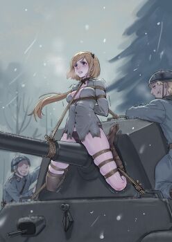 1girl 2boys absurdres arms_behind_back bdsm belt black_socks black_thighhighs blonde_hair bondage bound breasts clenched_teeth combat_helmet fallschirmhelm frogtie german_army girls&#039;_frontline green_shirt helmet highres long_hair m3_(girls&#039;_frontline) medium_breasts military_combat_uniform military_uniform military_vehicle motor_vehicle multiple_boys open_mouth outdoors pleated_skirt purple_eyes restrained root001 separated_legs shibari shibari_over_clothes shirt single_sock single_thighhigh skindentation skirt snowing socks soldier tank teeth thighhighs torn_clothes torn_shirt very_long_hair wehrmacht winter