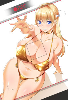 1girl bad_id bad_pixiv_id bikini blonde_hair blue_eyes blush breasts cleavage female_focus from_above hair_ribbon heads-up_display huge_breasts legs long_hair mariana_princilla mole navel parted_lips reaching reco_love reco_love_gold_beach ribbon side-tie_bikini_bottom simple_background sitting smile solo swimsuit thigh_gap thighs tomohiro_kai user_interface viewfinder white_background yellow_bikini