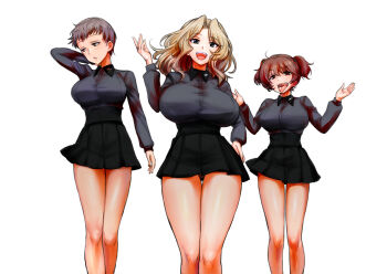absurdres alisa_(girls_und_panzer) blonde_hair blue_eyes blush breasts brown_eyes brown_hair freckles girls_und_panzer hand_on_own_hip highres kay_(girls_und_panzer) kuromorimine_school_uniform large_breasts long_hair miniskirt nabeyu naomi_(girls_und_panzer) open_mouth school_uniform short_hair simple_background skirt sky smile tongue tongue_out twintails white_background
