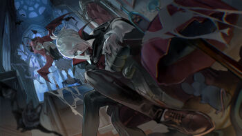 2girls animal bat_(animal) black_cape black_nails black_pants blonde_hair bottle brown_shoes candle cape closed_mouth collared_cape commentary cup demon_girl drinking_glass english_commentary fang green_eyes hair_over_one_eye highres indoors kouhiipan long_hair looking_at_viewer mouse_(animal) multiple_girls open_mouth original pants red_hair shoes short_hair_with_long_locks sitting skin_fang vampire wings