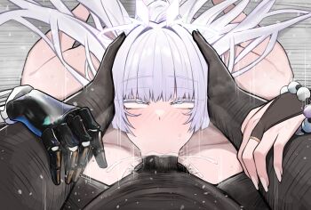 1boy 1girl absurdres breasts dark-skinned_male dark_skin deepthroat fellatio from_above goddess_of_victory:_nikke hetero highres interracial irrumatio large_breasts large_penis long_hair mechanical_arms nayuta_(nikke) oral penis single_mechanical_arm siu_(siu0207) thick_eyelashes very_dark_skin very_long_hair white_hair