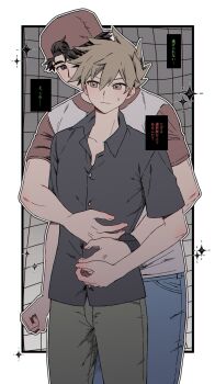 2boys backwards_hat black_shirt blue_oak blue_pants border brown_eyes brown_hair buttons closed_mouth collared_shirt commentary_request denim double-parted_bangs feet_out_of_frame hair_between_eyes hat highres hug jeans looking_at_another male_focus multiple_boys nintendo open_collar outside_border pants pk_rgr96 pokemon pokemon_sm red_(pokemon) red_hat shirt short_hair short_sleeves standing t-shirt watch white_border wing_collar wristwatch yaoi