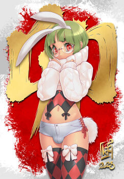 1boy 2023 animal_ears argyle_clothes argyle_shirt argyle_thighhighs blunt_bangs border bow bow_legwear bulge closed_mouth clothing_request colored_eyelashes commentary_request cowboy_shot crop_top cross-laced_clothes cross-laced_shorts dated fake_animal_ears glasses green_eyes green_hair grey_border hands_up irregular_border legs_together looking_at_viewer male_focus midriff navel original outside_border po-ju pocket rabbit_ears rabbit_tail red_background red_shirt red_thighhighs shirt short_shorts shorts sideless_shorts sidelocks signature sleeves_past_wrists solo standing sweater tail thick_eyebrows thighhighs trap turtleneck turtleneck_sweater variant_set white_bow white_shorts white_sweater white_tail wide_hips