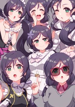 1girl absurdres alternate_hairstyle birthday blush breasts closed_eyes commentary cream_(nipakupa) earrings flower green_eyes grey_background hair_flower hair_ornament highres jewelry long_hair love_live! love_live!_school_idol_project low_ponytail low_twintails mogyutto_&quot;love&quot;_de_sekkin_chuu! multiple_views no_brand_girls one_eye_closed pink-framed_eyewear ponytail purple_hair snow_halation sunglasses tojo_nozomi twintails upper_body