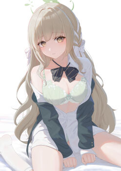 1girl absurdres between_legs blue_archive bow bow_bra bowtie bra braid breasts cleavage diagonal-striped_bow diagonal-striped_bowtie diagonal-striped_clothes green_bra green_halo green_jacket green_panties halo hand_between_legs hazel_eyes highres jacket large_breasts light_blush long_hair looking_at_viewer miyo_(blue_archive) open_clothes open_shirt panties parted_lips pige_pig shirt simple_background sitting solo striped_bow striped_bowtie striped_clothes underwear wariza white_background white_shirt