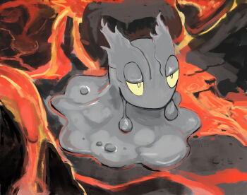 alternate_color commentary_request fire gen_2_pokemon highres lava miyabi_drops_kan nintendo no_humans pokemon pokemon_(creature) rock shiny_pokemon slugma solo yellow_eyes