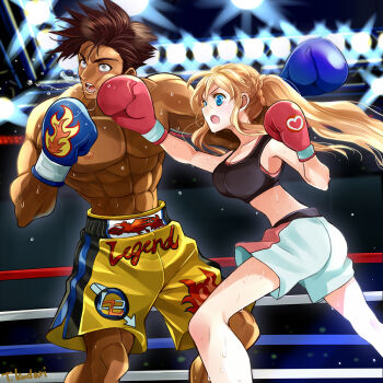 1boy 1girl blonde_hair boxing fighting highres hook k.o. original sweat sweatdrop tagme tanimati_kudari