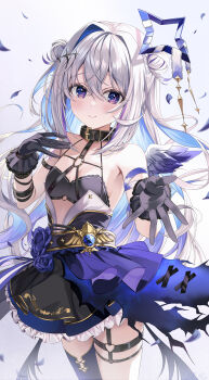 Rule 34 | 1girl, absurdres, amane kanata, amane kanata (another world), arm strap, bare shoulders, belt, black belt, black bra, black collar, black gloves, black skirt, blue flower, blue hair, blue halo, blue rose, blue skirt, blue thighhighs, blue wings, bra, chest harness, closed mouth, collar, colored inner hair, commentary request, double bun, falling petals, flat chest, flower, gloves, gold trim, gradient hair, gradient wings, grey hair, grey wings, hair bun, halo, hand up, harness, heart, heart o-ring, high-waist skirt, highres, hololive, lace, lace-trimmed bra, lace trim, long hair, mi ke0224, mini wings, miniskirt, multicolored hair, multicolored wings, o-ring, o-ring harness, o-ring thigh strap, official alternate costume, official alternate hairstyle, overskirt, petals, purple eyes, purple streaks, reaching, reaching towards viewer, rose, side up bun, single hair intake, single thighhigh, skirt, smile, solo, star halo, strapless, strapless bra, streaked hair, thigh strap, thighhighs, tilted halo, torn clothes, torn skirt, underwear, virtual graduation commemoration, virtual youtuber, wings
