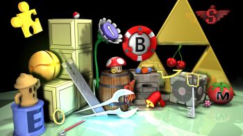 1990s_(style) 3d ace_attorney animal_crossing aperture_science_weighted_companion_cube attorney_badge banjo-kazooie barrel bomb cane capcom cherry contra crowbar donkey_kong dr._mario earthworm_jim energy_tank explosive final_fantasy final_fantasy_vii food fruit half-life halo_(game) haniwa_(statue) highres jewelry jiggy jigsaw_piece katamari katamari_damacy keyblade kingdom_hearts kirby_(series) l_block lylat_wars mario mario_(series) maximum_tomato mega_man_(series) megavitamin metal_gear_(series) metroid morph_ball mushroom namco nintendo no_humans orange_box pac-man pac-man_(game) pellet_posy pikmin_(series) poke_ball pokemon portal_(series) portal_1 retro_artstyle ring samus_aran sly_cooper_(series) smart_bomb sonic_(series) star_fox super_mario_bros._1 tetris the_legend_of_zelda triforce