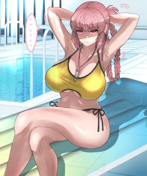 1girl armpits bare_arms bare_shoulders bikini braid braided_ponytail breasts cleavage collarbone fate/grand_order fate_(series) florence_nightingale_(chaldea_lifesavers)_(fate) florence_nightingale_(fate) hands_up highres large_breasts long_hair official_alternate_costume pink_hair pool red_eyes satou_nui side-tie_bikini_bottom sideboob sitting solo stomach swimsuit thighs underboob whistle whistle_around_neck yellow_bikini