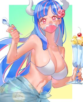 1girl alternate_costume bikini blue_hair blue_nails blue_sarong breasts cherry cleavage covered_mouth cup curled_horns dessert fingernails flower food fruit glass hair_flower hair_ornament holding holding_cup holding_spoon horns ice_cream large_breasts long_hair looking_at_viewer mask mouth_mask multicolored_hair nail_polish navel one_piece pineapple pineapple_print pink_eyes pink_hair pink_mask raine_(acke2445) sarong see-through_clothes see-through_sarong solo spoon streaked_hair sundae swimsuit ulti_(one_piece) white_horns