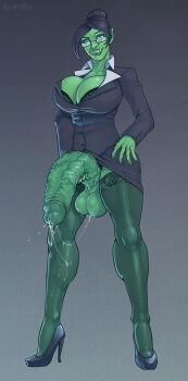 1futa black_bra black_footwear black_hair black_jacket black_thighhighs blue_eyes bra bra_peek breasts cleavage collared_shirt colored_skin devilhs female_orc full_body futanari glasses gorakna gradient_background green_skin grey_background hair_bun high_heels highres huge_breasts huge_penis jacket lace lace-trimmed_thighhighs lace_trim large_breasts large_testicles office_lady orc original penis see-through_clothes see-through_thighhighs shirt solo standing testicles thighhighs tusks uncensored underwear veins veiny_penis white_shirt