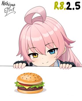 Rule 34 | 1girl, ahoge, black gloves, blue archive, blue eyes, blush, burger, commentary request, fingerless gloves, food, gloves, hair between eyes, heterochromia, highres, hoshino (blue archive), huge ahoge, long hair, long sleeves, nichijao, pink hair, school uniform, shirt, simple background, smile, solo, tactical school uniform, white background, white shirt, yellow eyes