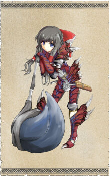 1girl alternate_costume armor black_hair blue_eyes bow capcom female_focus hair_bow hair_tubes hakurei_reimu hammer highres leaning_forward long_hair monster_hunter_(series) shirasaki_(19295604) solo tigrex_(armor) touhou