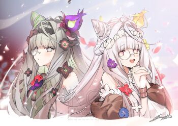 2girls bare_shoulders blush braid breasts brown_shawl commentary_request cone_hair_bun dress dual_persona fate/grand_order fate_(series) flora_(fate) flower flower-shaped_pupils flower_hairband green_eyes grey_dress grey_eyes grey_hair hair_bun hair_flower hair_ornament highres long_hair long_sleeves medium_breasts monocle multiple_girls no-kan open_mouth shawl sidelocks smile symbol-shaped_pupils white_dress white_hair