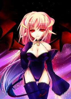 1girl 2000s_(style) bell black_background blonde_hair breasts closed_mouth commentary_request cowboy_shot curled_horns demon_girl demon_wings finger_to_mouth garter_straps horns index_finger_raised jingle_bell lace lace-trimmed_leotard lace-trimmed_sleeves lace-trimmed_thighhighs lace_trim large_breasts leotard long_hair looking_at_viewer neck_bell original pointy_ears purple_leotard purple_sleeves purple_thighhighs red_eyes red_wings shii_(ceray) smile solo thighhighs very_long_hair wings yellow_horns