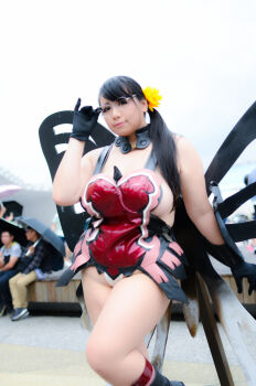 Rule 34 | 1girl, asian, black hair, breasts, butterfly wings, cattleya (queen's blade), cattleya (queen's blade) (cosplay), chouzuki maryou, cosplay, gauntlets, glasses, gloves, insect wings, large breasts, lipstick, makeup, photo (medium), plump, queen's blade, solo, thick thighs, thighs, wings