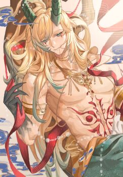 1boy abs aqua_eyes armlet black_hands blonde_hair chinese_commentary claws colored_extremities colored_tips commentary_request demon_horns dunhuang_style gold_armlet gold_necklace green_hair green_horns green_sash grin hair_in_own_mouth half-closed_eyes hand_up highres holding holding_ribbon horns in_tree jewelry lars_rorschach lars_rorschach_(myths_wonders) linke long_hair looking_at_viewer lovebrush_chronicles male_focus mark_under_both_eyes multicolored_hair necklace pectorals red_ribbon ribbon sash sideways_glance sitting sitting_in_tree smile solo stomach_tattoo swept_bangs tattoo toned toned_male topless_male tree upper_body waist_sash white_background xiangyun
