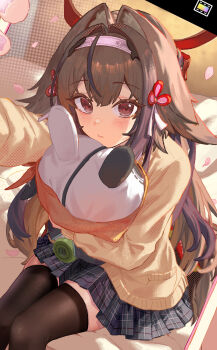 1girl alternate_costume animal_ear_fluff animal_ears bangboo_(zenless_zone_zero) blush brown_cardigan brown_hair brown_thighhighs cardigan closed_mouth clover clover_hair_ornament commentary droopy_ears english_commentary grey_skirt hair_ornament hairband highres holding holding_stuffed_toy long_hair looking_at_another mashaer on_bed pink_nails plaid_clothes plaid_skirt red_eyes school_uniform selfie sitting skirt solo stuffed_animal stuffed_toy thighhighs very_long_hair white_hairband ye_shunguang zenless_zone_zero zettai_ryouiki