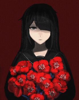 1girl ame-chan_(needy_girl_overdose) ame-chan_(school_uniform)_(needy_girl_overdose) black_eyes black_hair black_serafuku blank_stare blunt_bangs bouquet commentary expressionless flower hair_over_one_eye highres holding holding_bouquet long_hair looking_at_viewer needy_girl_overdose partially_shaded_face poppy_(flower) qiangweis red_background red_flower school_uniform serafuku simple_background solo upper_body