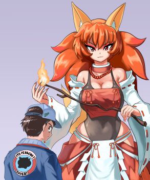 1boy 1girl absurdres black_hair black_leotard breasts brown_hair cleavage delphox fox_girl gen_6_pokemon highres leotard nintendo personification pokemon