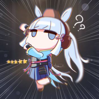 1girl ? ?? alternate_hairstyle animal_ears armor arms_up ayaka_(genshin_impact) blunt_bangs breastplate chibi chibi_only commentary cosplay emphasis_lines english_commentary full_body genshin_impact gold_ship_(umamusume) grey_eyes grey_hair highres horse_ears horse_girl horse_tail japanese_armor japanese_clothes kamisato_ayaka_(cosplay) kote kuroij kurokote leg_up looking_at_viewer making-of_available motion_blur no_mouth no_nose ponytail shoes skirt solo standing standing_on_one_leg tail umamusume user_interface