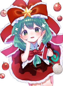 1girl bow christmas commentary_request dress frilled_dress frilled_ribbon frills front_ponytail green_eyes green_hair hair_bow hair_ribbon highres kagiyama_hina mameko_0211 red_bow red_dress red_ribbon ribbon smile solo touhou white_background wrist_ribbon