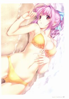 10s 1girl absurdres ahoge armpits beach bikini bow breasts brown_eyes cleavage day female_focus from_above front-tie_bikini_top front-tie_top hair_bow hair_intakes hair_ornament hand_on_own_stomach highres hinata_hanabi koutaro looking_at_viewer lying navel on_back outdoors pink_hair ponytail raised_eyebrows sand scan skindentation solo swimsuit tropical_kiss underboob water yellow_bikini