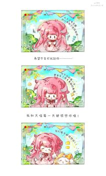 1girl :o ^_^ ahoge animal black_eyes blue_sky blunt_bangs blush_stickers bow bowtie bush cat chibi chinese_commentary chinese_text cloak closed_eyes clothed_animal cloud collared_shirt commentary_request cross-laced_clothes cross-laced_dress day dot_nose dress dress_ribbon ear_over_one_eye flying_sweatdrops frilled_sleeves frills garland_(decoration) happy high_collar highres hood hood_up hooded_cloak long_hair long_sidelocks long_sleeves momo_(nikki) nervous nikki_(nikki) nikki_(series) notice_lines open_mouth outdoors outstretched_arm own_hands_together pinafore_dress pink_dress pink_hair pleated_dress recording red_bow red_bowtie red_ribbon ribbon sequential shining_nikki shirt short_dress sidelocks simple_background sky sleeveless sleeveless_dress sleeves_past_wrists smile sparkle squiggle standing translation_request tree v very_long_hair whiskers white_background white_cat white_shirt yellow_cloak yiliwa