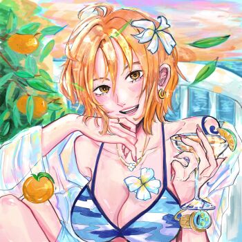 1girl bikini blue_bikini blush bracelet commentary cup falling_feathers feathers fingernails food fruit highres holding holding_cup jewelry log_pose long_fingernails looking_at_viewer mandarin_orange nami_(one_piece) one_piece open_mouth orange_eyes orange_hair outdoors salmonnnn353372 solo swimsuit upper_body