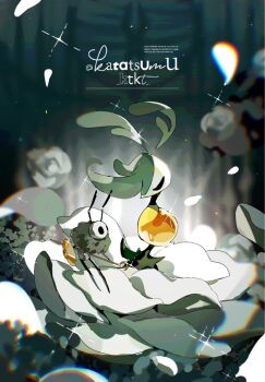 antennae arthropod_boy artist_name black_eyes blurry blurry_background closed_eyes falling_petals holding holding_shield holding_weapon hollow_knight hollow_knight:_silksong katatsumuririri monster nyleth_(hollow_knight) petals pin_(hollow_knight) seth_(hollow_knight) shield sparkle twitter_username watermark weapon white_petals