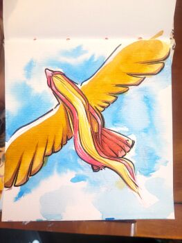 absurdres beak bird blue_sky dakota_sheperd flying from_above gen_1_pokemon highres inktober nintendo no_humans photo_(medium) pidgeot pokemon pokemon_(creature) sky solo traditional_media