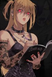 Rule 34 | 1girl, amane misa, black background, black collar, black dress, black ribbon, blonde hair, book, breasts, bright pupils, collar, collarbone, commentary, cross, cross earrings, cross necklace, death note, dress, ear piercing, earrings, english commentary, foreshortening, giganticbuddha, hair ribbon, highres, holding, holding notebook, holding pen, jewelry, kuromi, lips, long hair, looking at viewer, medium breasts, nail polish, necklace, notebook, onegai my melody, open book, parted lips, pen, piercing, pink eyes, pink lips, red nails, ribbon, sanrio, sleeveless, sleeveless dress, solo, two side up, upper body, very long hair, white pupils