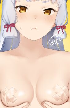 1girl blunt_tresses blush breasts brown_eyes close-up collarbone covered_erect_nipples cross cross_pasties grabbing_own_breast hair_ribbon kantai_collection long_hair looking_at_viewer medium_breasts murakumo_(kancolle) pasties pout red_ribbon ribbon sakiecho signature simple_background solo sweat thick_eyebrows tress_ribbon upper_body wavy_mouth white_hair yellow_background