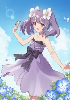 1girl absurdres bare_shoulders black_bow blue_flower blue_sky blush bow brown_eyes bug butterfly butterfly_on_hand cloud commentary_request day dress dress_bow flower flower_request hair_flower hair_ornament highres insect lens_flare marian_oekaki original outdoors purple_dress purple_hair sky strapless strapless_dress twintails white_flower