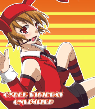 1boy animal_ears bemani brown_hair child detached_sleeves futaba_841 hat headset male_focus necktie pop'n_music rabbit_ears red_eyes short_hair shorts solo striped timer timer_(pop'n_music) trap vest