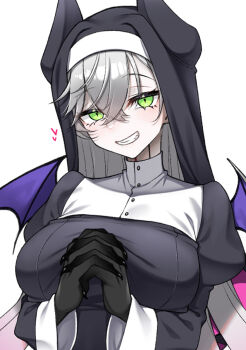 1girl breasts commentary_request demon_horns demon_wings fate/grand_order fate_(series) fingernails green_eyes grey_hair grin heart horns large_breasts lilith_(fate) long_hair nun own_hands_clasped own_hands_together sharp_fingernails smile watosu white_background wings