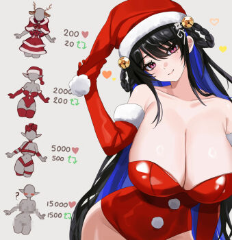 1girl adjusting_clothes adjusting_headwear asymmetrical_bangs bell black_hair blue_hair braid braided_hair_rings breasts cho_913 cleavage closed_mouth collarbone colored_inner_hair commentary elbow_gloves fur-trimmed_gloves fur-trimmed_headwear fur_trim gloves hair_between_eyes hair_ornament hair_rings hat head_tilt heart highres hololive hololive_english jingle_bell large_breasts leotard like_and_retweet long_hair looking_at_viewer mole mole_under_eye multicolored_hair nerissa_ravencroft pom_pom_(clothes) red_eyes red_gloves red_hat red_leotard santa_hat simple_background smile solo strapless strapless_leotard twitter_strip_game very_long_hair virtual_youtuber