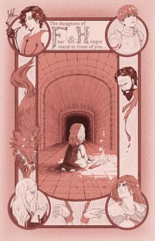 1other 2girls 4boys absurdres armor artsyantatee beard cahara_(fear_&amp;_hunger) cape chained_wrists charm_(object) commentary d'arce_(fear_&amp;_hunger) english_commentary english_text enki_(fear_&amp;_hunger) extra_eyes extra_teeth facial_hair fear_&amp;_hunger_(series) fear_&amp;_hunger_1 finger_gun from_behind fur_cape gloves highres kneeling knight long_hair looking_at_viewer looking_down looking_up medium_hair monochrome moonless_(fear_&amp;_hunger) multiple_boys multiple_girls mustache nas'hrah_(fear_&amp;_hunger) portrait ragnvaldr_(fear_&amp;_hunger) reading red_theme robe severed_head short_hair sideways_glance swept_bangs the_girl_(fear_&amp;_hunger) torch tunnel vest wolf