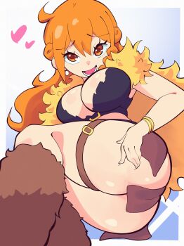 1girl absurdres ass bangle border bracelet braid braided_sidelock breasts brown_leg_warmers brown_loincloth capelet chrono_08 cleavage commentary convenient_censoring crop_top earrings feet_out_of_frame fur-trimmed_capelet fur_trim gradient_background hair_between_eyes hand_on_own_thigh heart highres jewelry large_breasts leg_warmers long_hair looking_at_viewer lying miniskirt nami_(one_piece) official_alternate_costume official_alternate_hairstyle on_side one_piece open_mouth orange_eyes orange_hair outside_border pearl_earrings skirt solo thigh_strap thighs wavy_hair white_border yellow_capelet