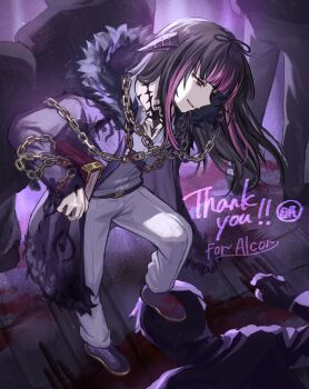 1girl au_ra black_hair black_horns black_scales blood blood_on_shoes book chain chain_around_arm chain_necklace coat commission commissioner_insert commissioner_name final_fantasy final_fantasy_xiv fur-trimmed_coat fur_trim highres holding holding_book horns jewelry limbus_company long_hair middle_(identity)_(project_moon) multicolored_hair na-gyou_(nunumaru) necklace pants pink_hair project_moon purple_coat purple_shoes scales shirt shizuna_kurogane shoes skeb_commission thank_you two-tone_hair warrior_of_light_(ff14) white_pants white_shirt