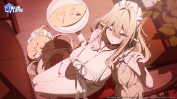 1girl absurdres ahoge apron azur_lane bare_shoulders breasts cleavage commentary_request food gouden_leeuw_(an_intimate_cleaning)_(azur_lane) gouden_leeuw_(azur_lane) hair_between_eyes hair_intakes heart heart_necklace highres holding holding_spoon huge_breasts jewelry long_hair looking_at_viewer looking_up maid maid_apron maid_headdress manjuu_(azur_lane) mole mole_under_eye necklace official_art omelet omurice pointy_ears purple_eyes spoon thighs very_long_hair yuyiosang