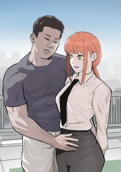 Rule 34 | 1boy, 1girl, absurdres, arms behind back, black eyes, black hair, black necktie, black pants, black shirt, braid, braided ponytail, chainsaw man, commentary request, crossover, hand on another's stomach, highres, makima (chainsaw man), manatsu no yo no inmu, muscular, muscular male, necktie, open mouth, pants, red hair, ringed eyes, rooftop, shirt, shirt tucked in, teeth, textless version, udaijin, white pants, white shirt, yajuu senpai, yellow eyes