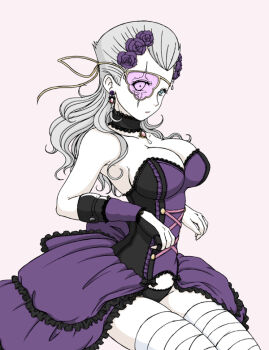 1girl bad_id bad_pixiv_id bandages black_panties blue_eyes breasts choker cleavage dress earrings eyepatch genderswap genderswap_(mtf) grey_hair jean_pierre_polnareff jewelry jojo_no_kimyou_na_bouken large_breasts lingerie minnk panties scar underwear vento_aureo